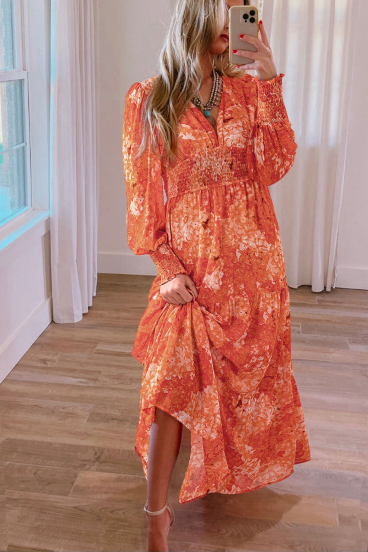 #139 Orange Boho Floral Bishop Sleeve V Neck Tiered Maxi Dress