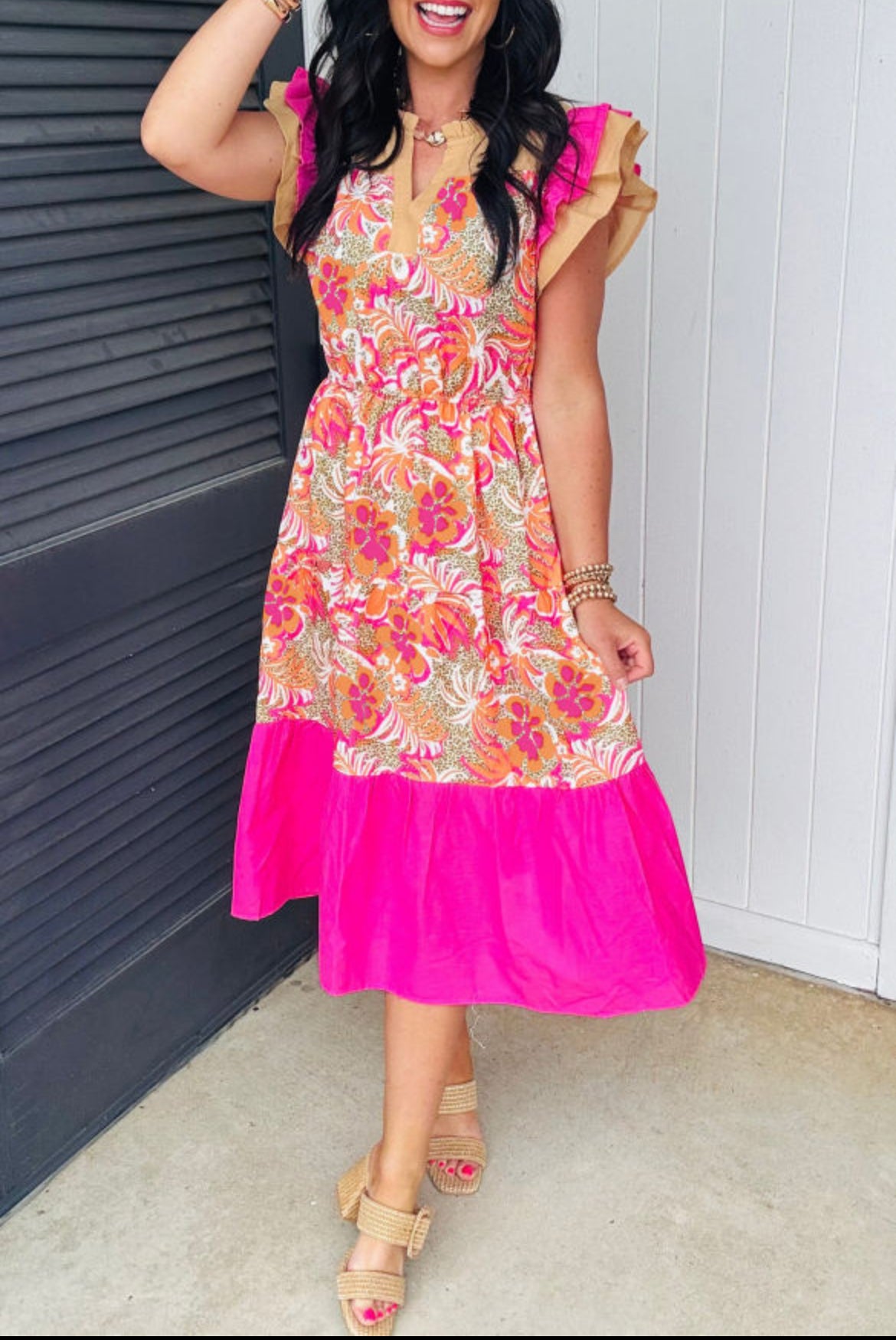 #745 Rose Floral Ruffled Sleeve Flared Dress