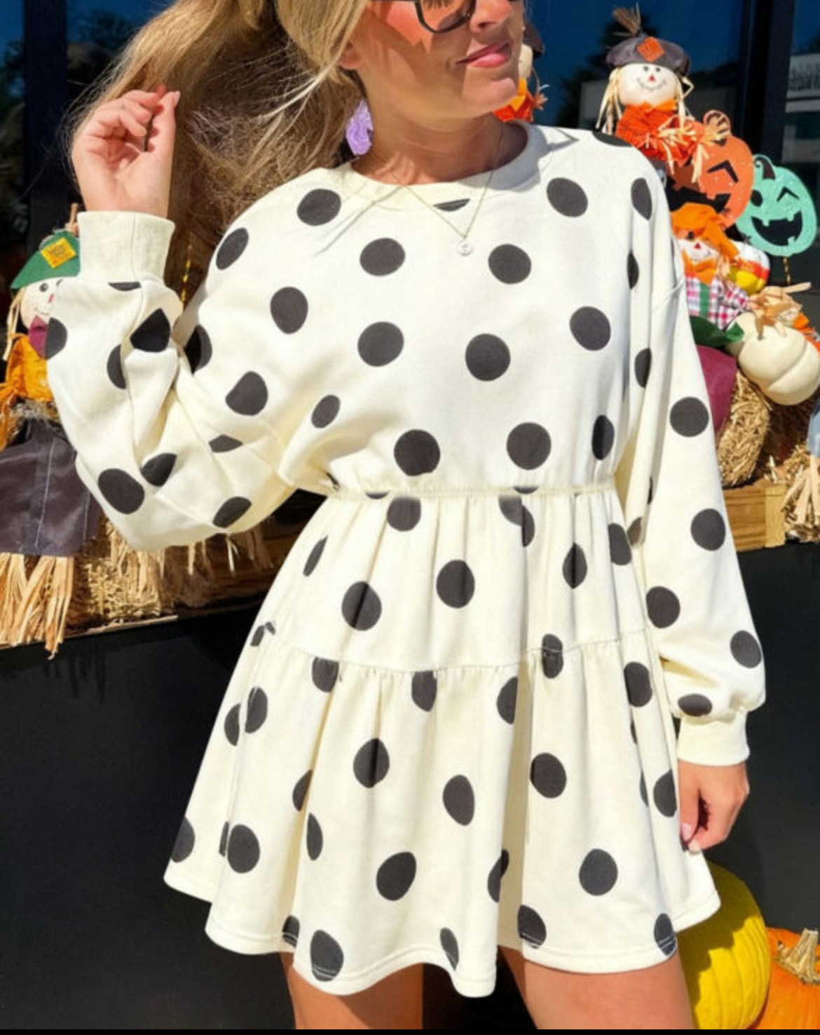 #746 White Polka Dot Printed Long Sleeve Flared Mini Dress