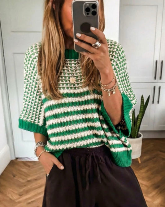 #740 Stripe 3/4 Draped Sleeve Slouchy Sweater