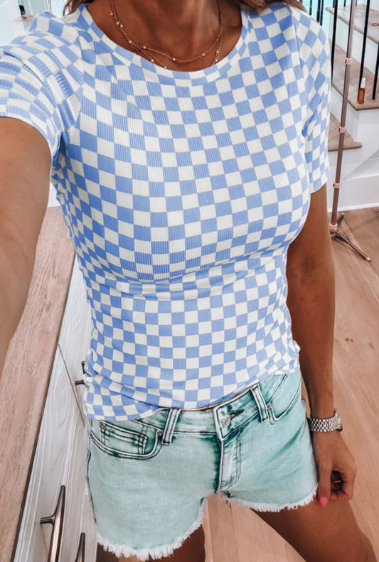 #750 Sky Blue Checkered Ribbed Slim Fit Crew Neck T Shirt