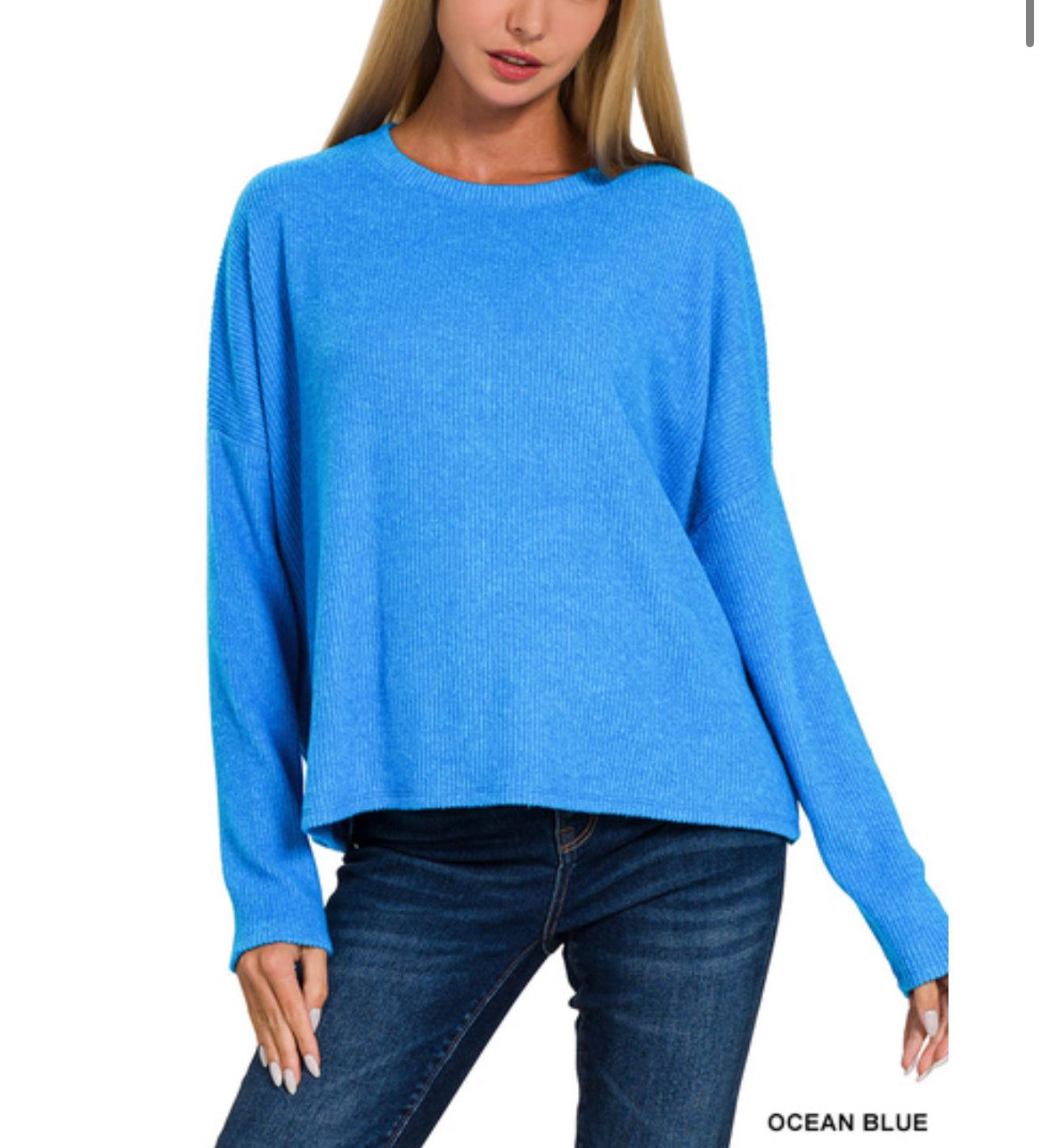 #130 Ocean Blue Zenana Long Sleeved Ribbed Sweater