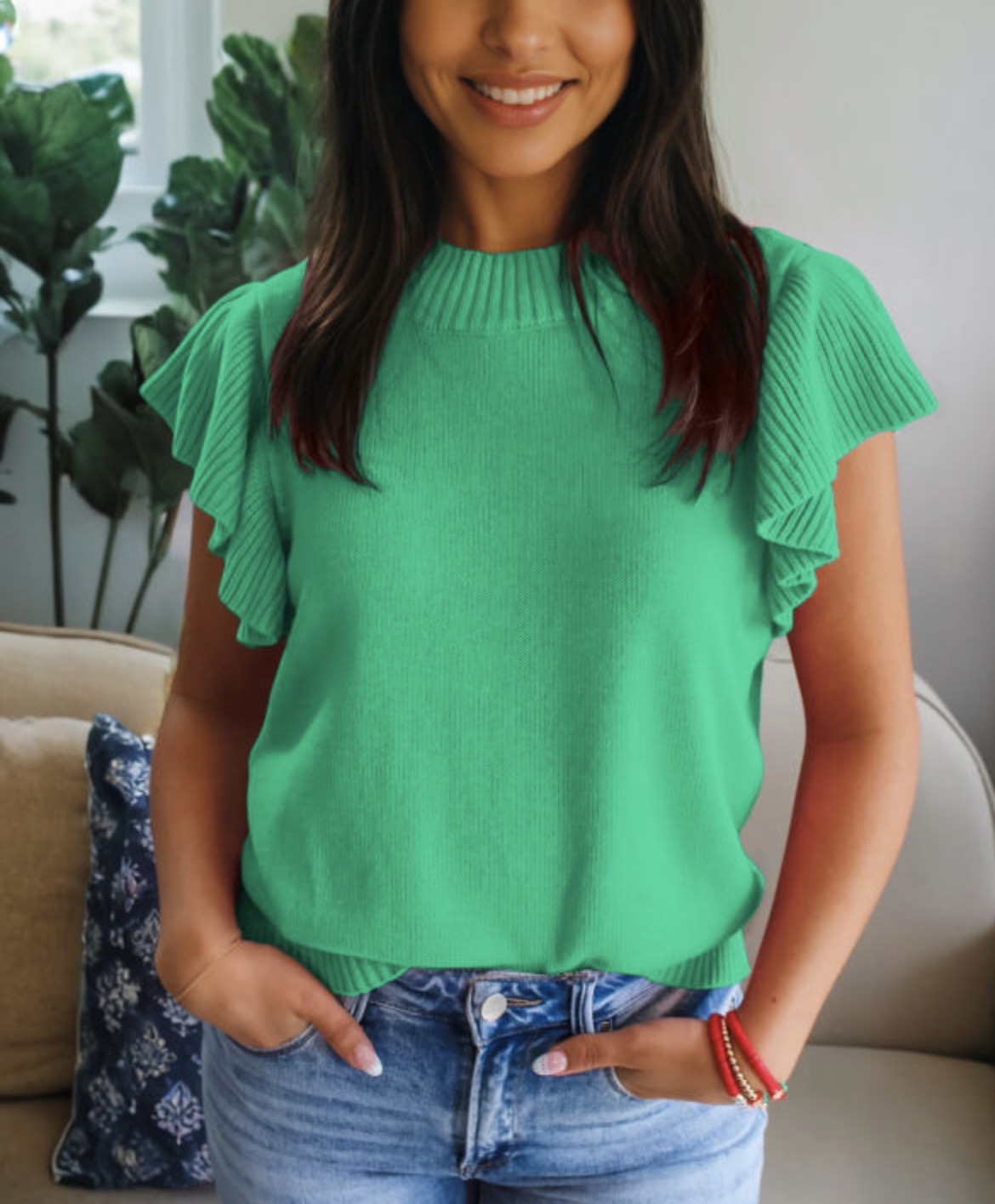 #769 Solid Round Neck Ruffle Short Sleeve Sweater