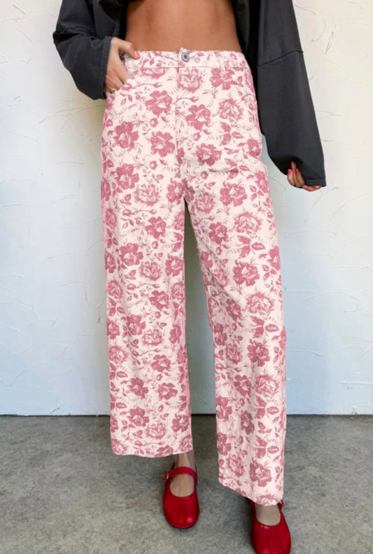 #784 Pink Vintage Floral Print Denim Pants