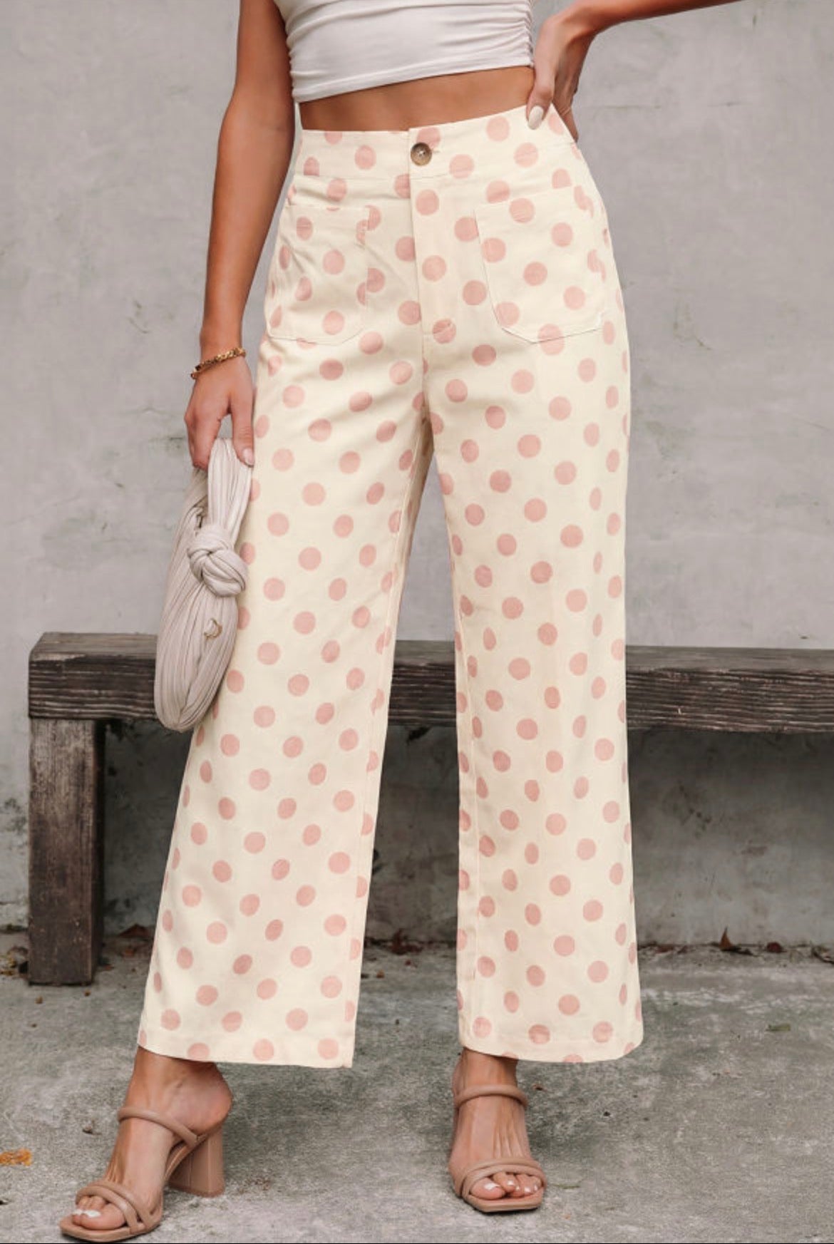 #783 White Polka Dot Pocket Loose Pants