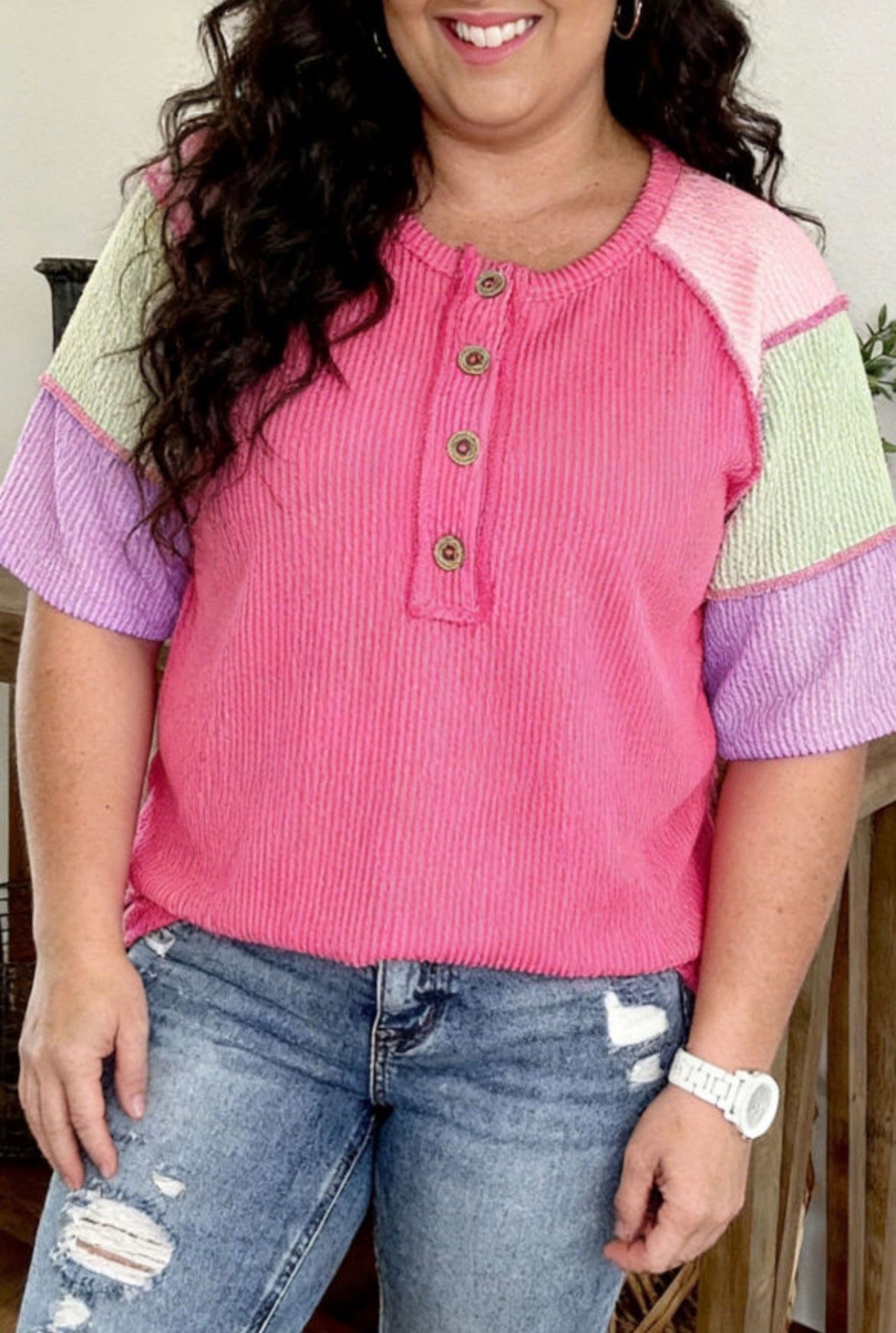#767 Bright Pink Twisted Ribbed Henley Short Sleeve T Shirt
