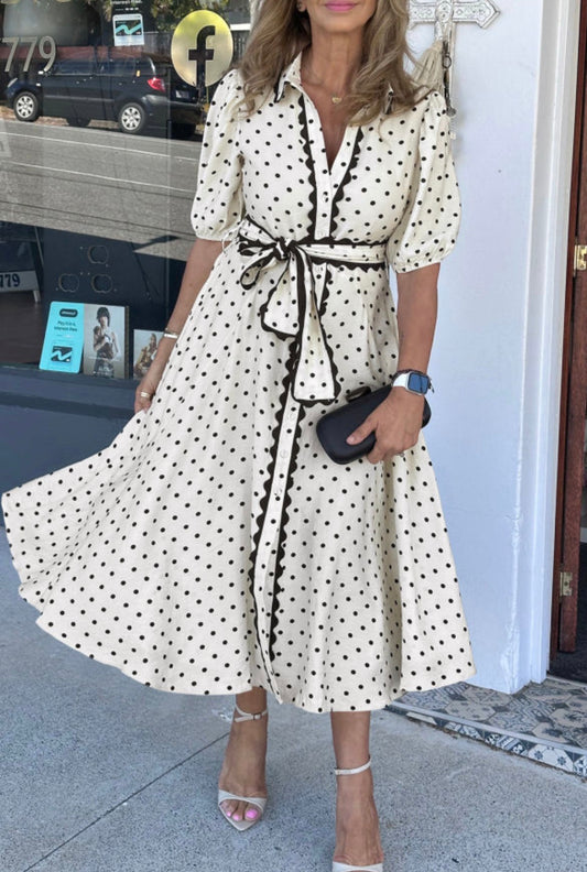 #778 White Polka Dot Button Down Belted Midi Dress