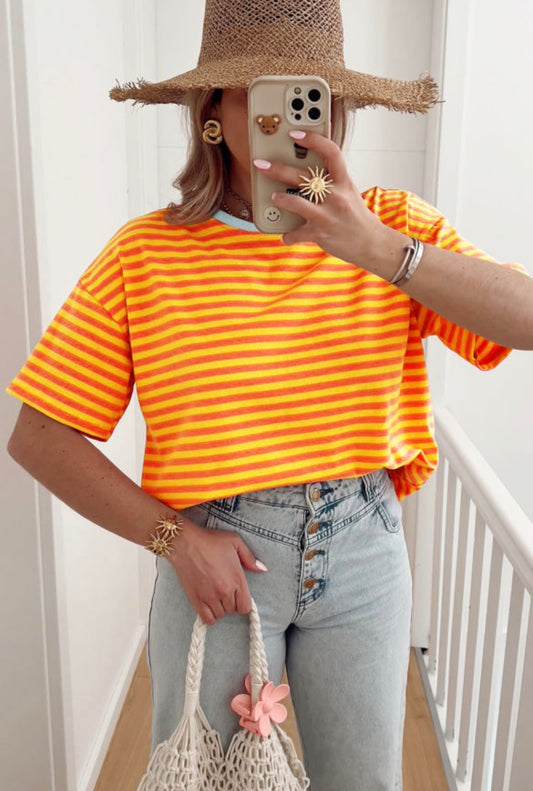 #772 Orange Stripe Crew Neck Loose Tee