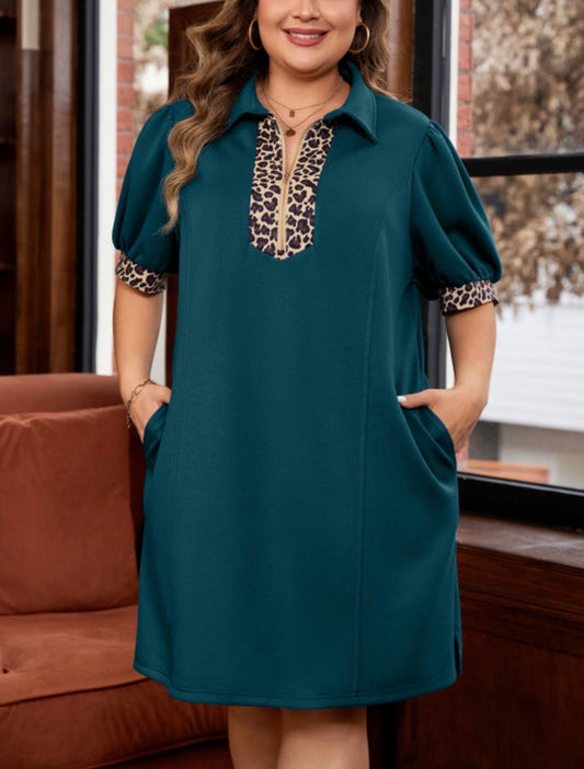 #768 Green Leopard Quarter Zip Collared Plus Size Mini Dress