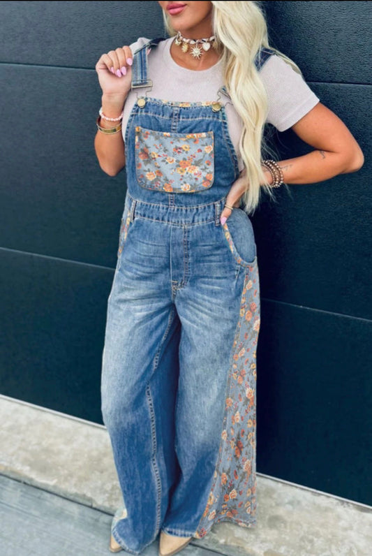 #764 Floral Bib Denim Wide Leg Overalls