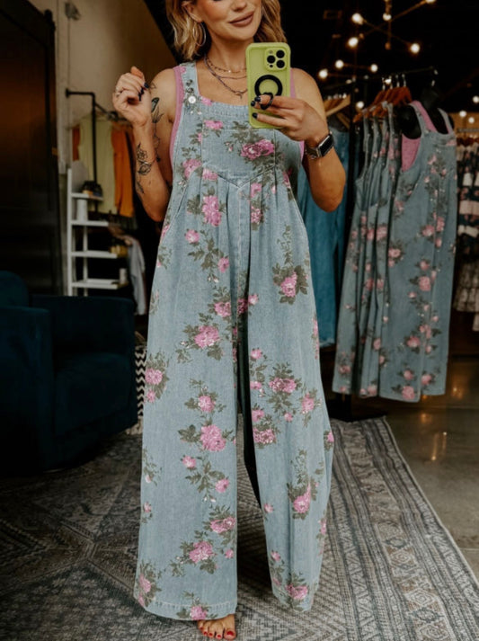#763 Floral Print High Waist Wide Leg Denim Jumpsuit