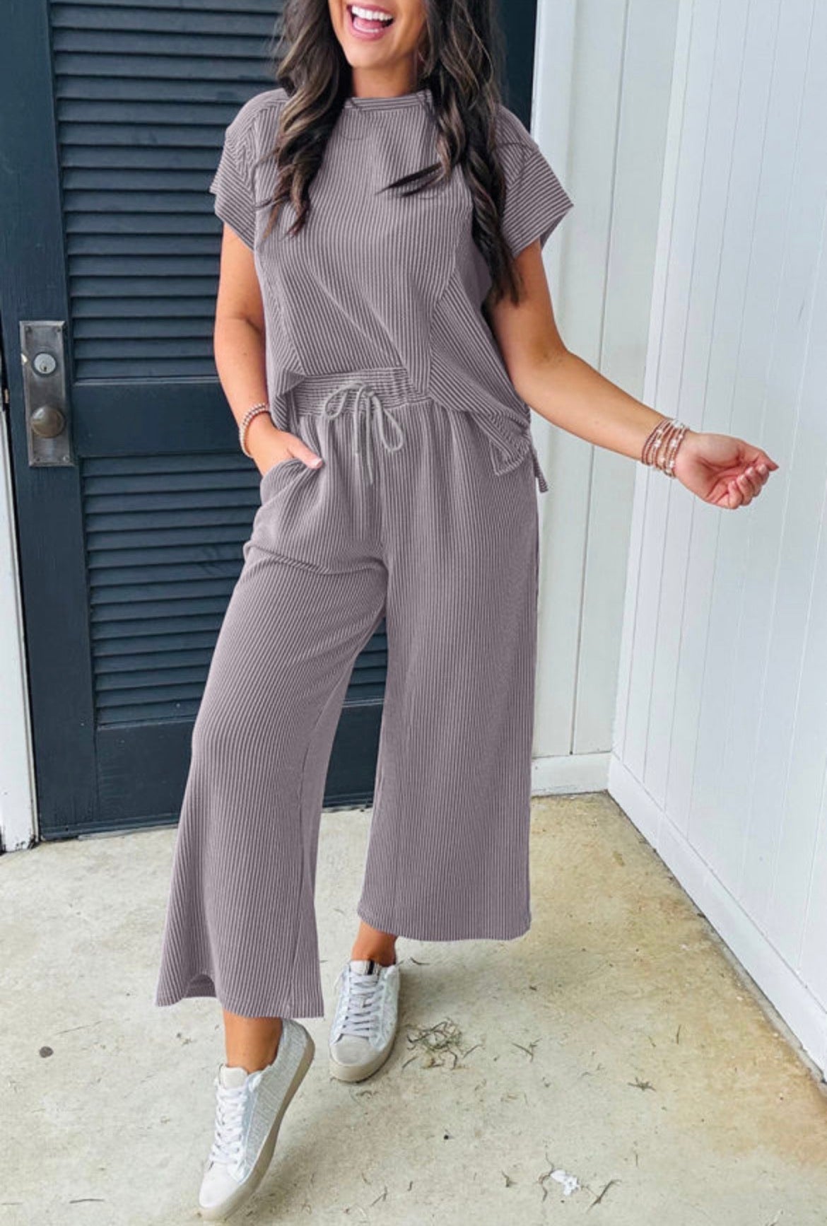 #758 Corded Short Sleeve Shirt and Wide Leg Pants Set