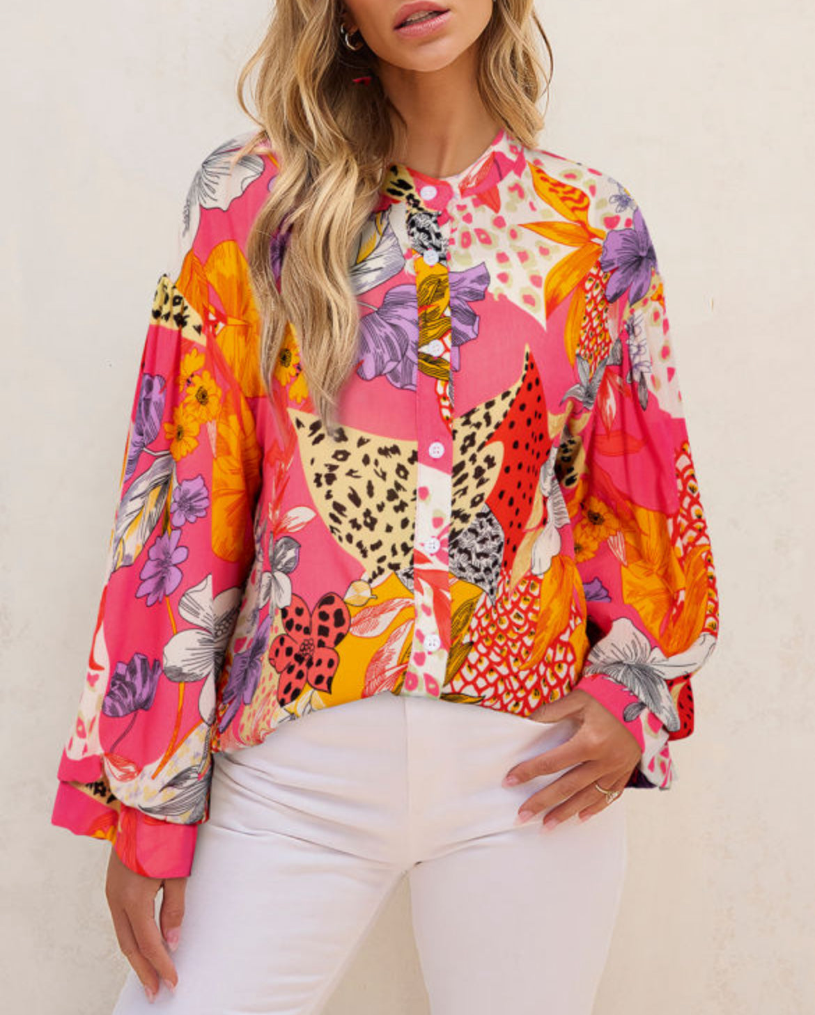 #141 Red Abstract Floral Print Buttoned Ruffled Bubble Sleeve Shirt