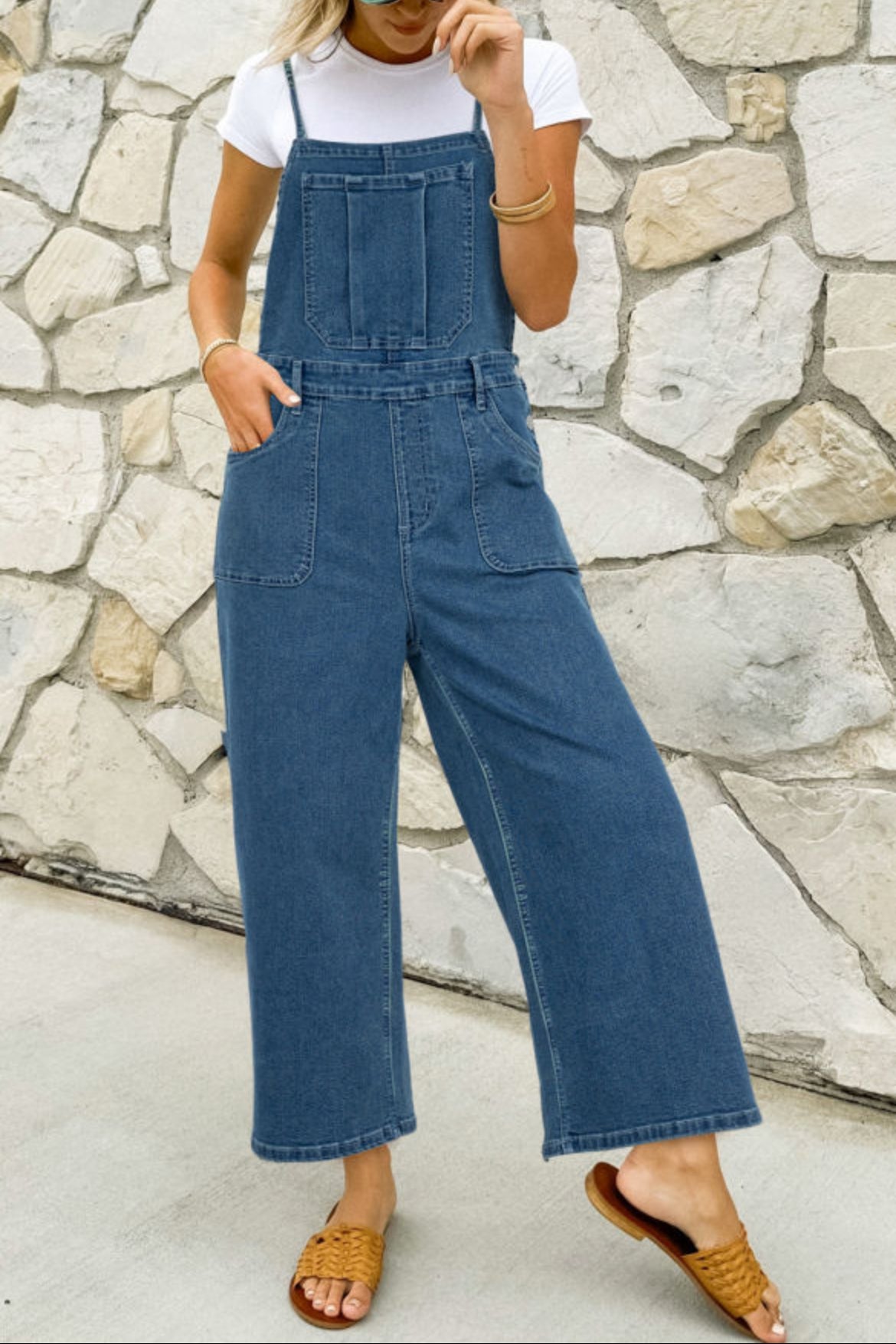 #200 Dusk Blue Adjustable Tie Straps Cropped Wide Leg Denim Overalls