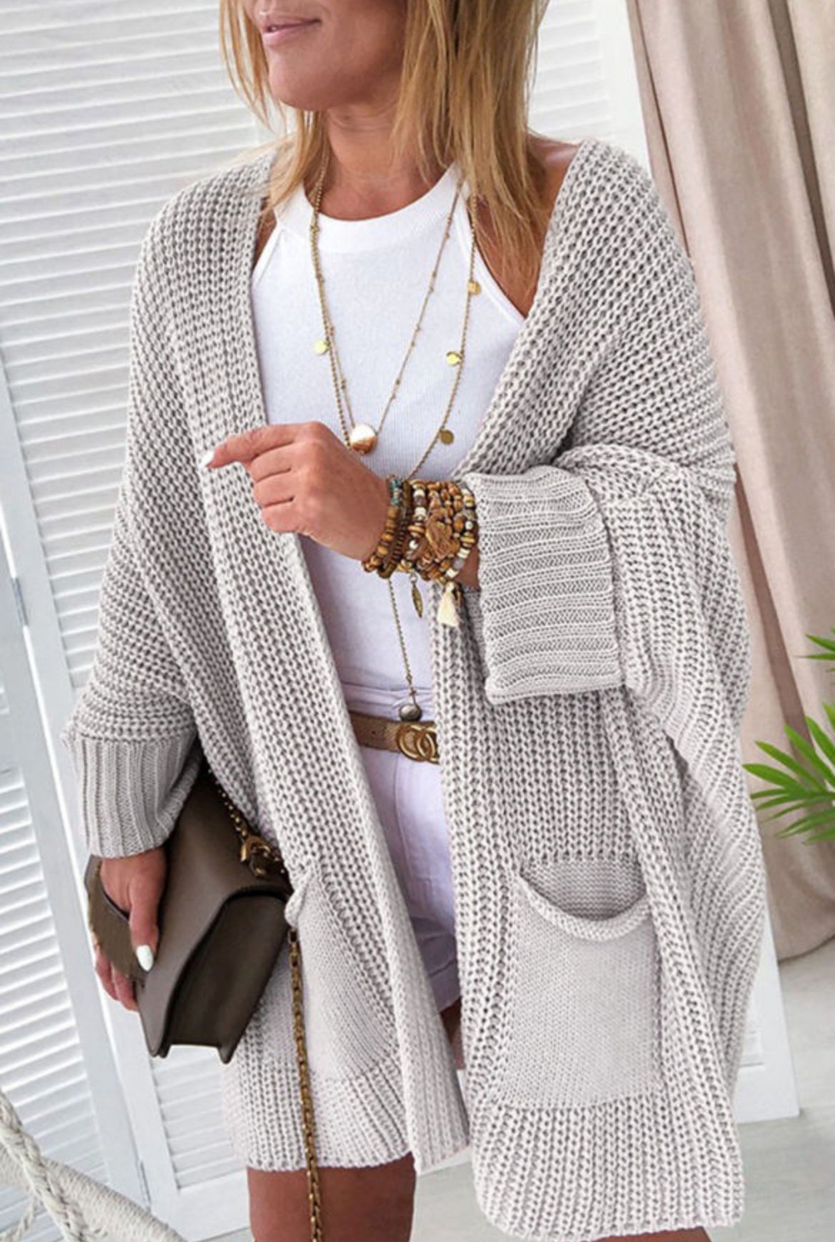 #219 Oversized Fold Over Sleeve Open Front Cardigan