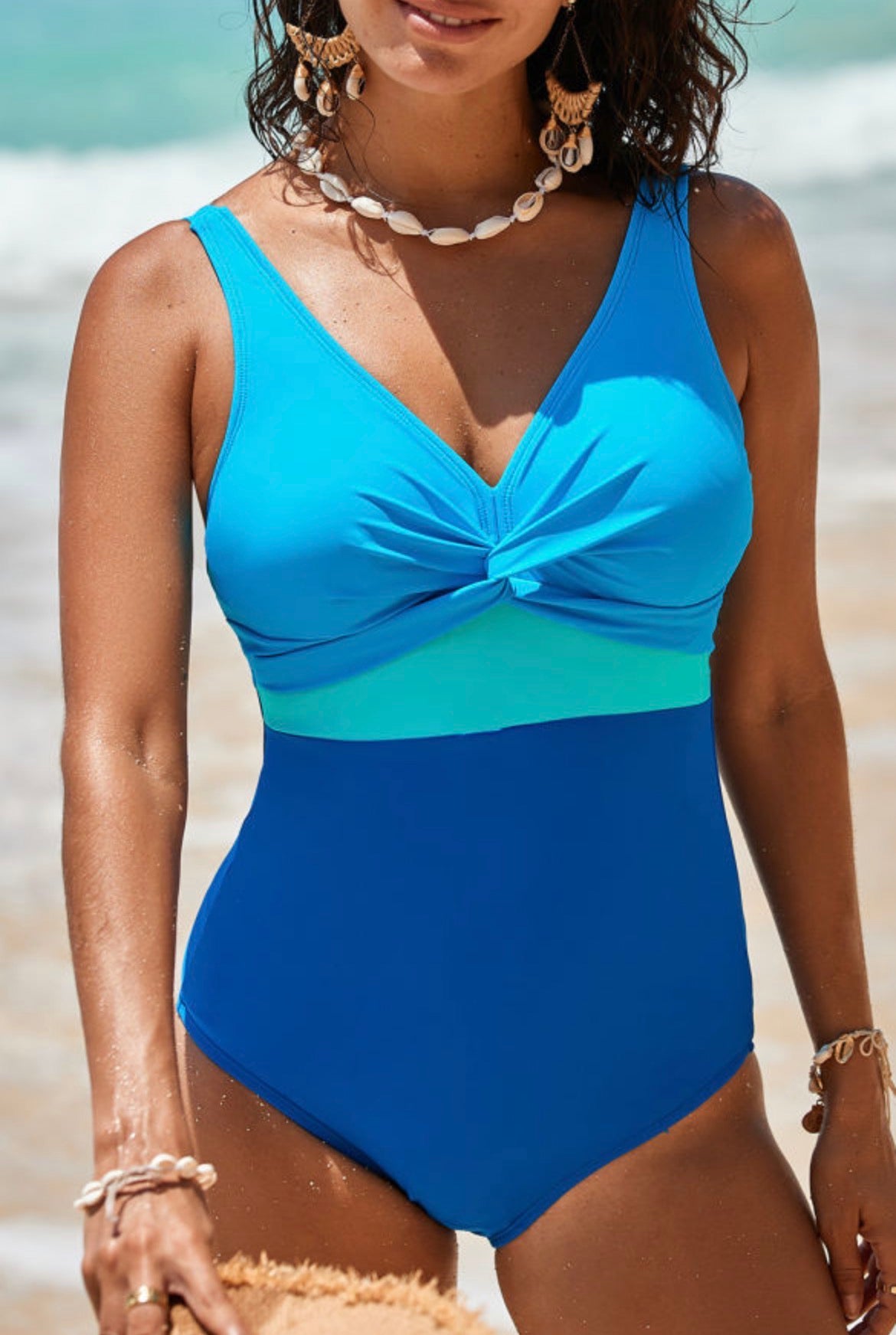 #848 Blue Twisted Cutout One Piece Swimsuit