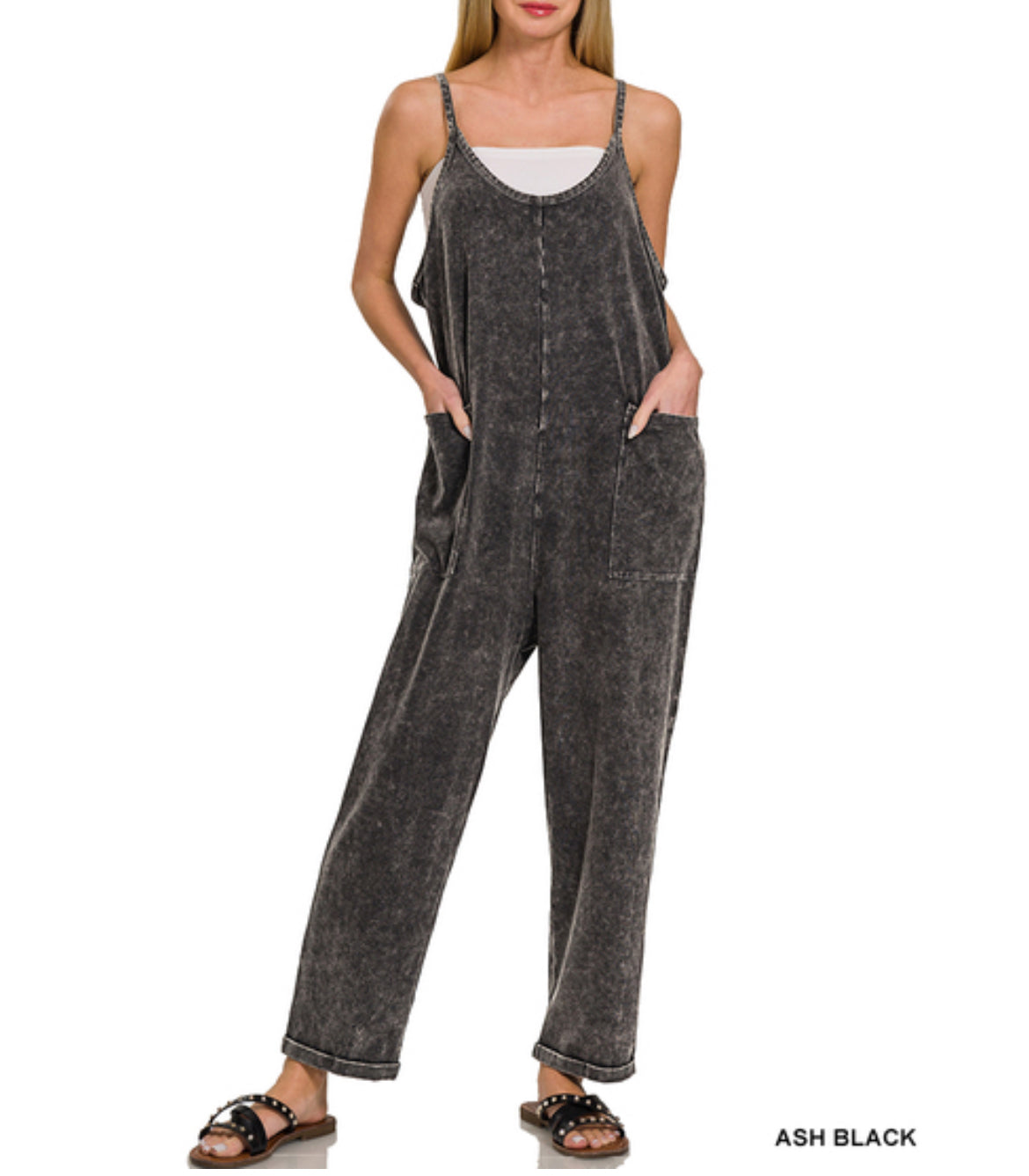 #161 Washed spaghetti straps overalls with pockets