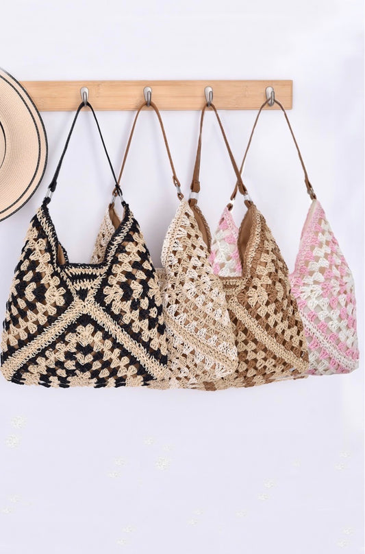 #871 VINTAGE WOVEN STRAW CROCHET BUCKET SHOULDER BAG