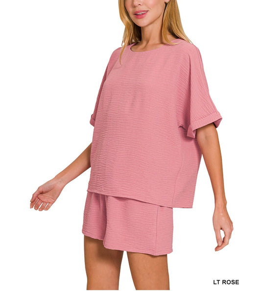 #868 WOVEN AIRFLOW TOP & SHORTS SET