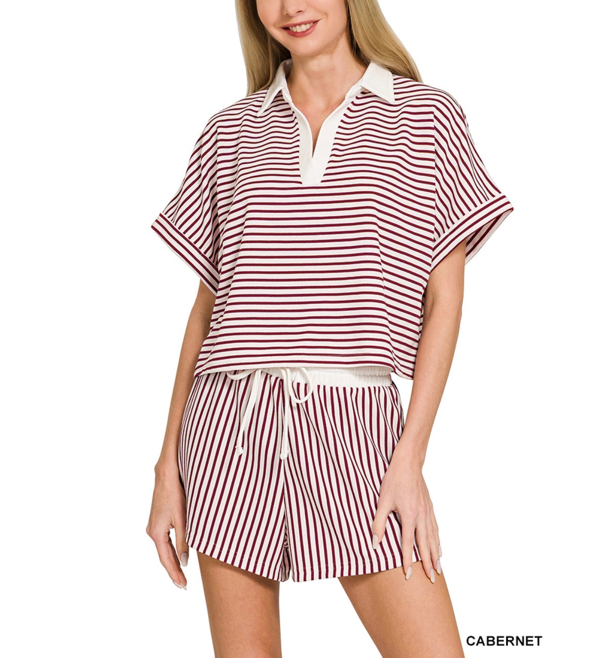 #861 STRIPED COLLARED TOP & SHORTS SET