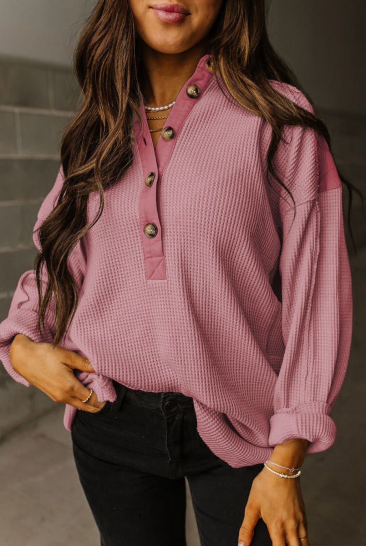 # 183 Waffle Long Sleeve Collar Half Button Loose Top