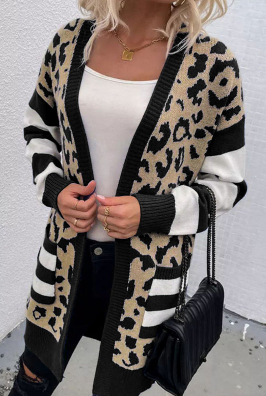 #32Stripe Sleeve Leopard Print Cardigan