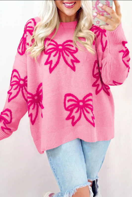 #211 Pink Bow Pattern Drop Shoulder Loose Sweater