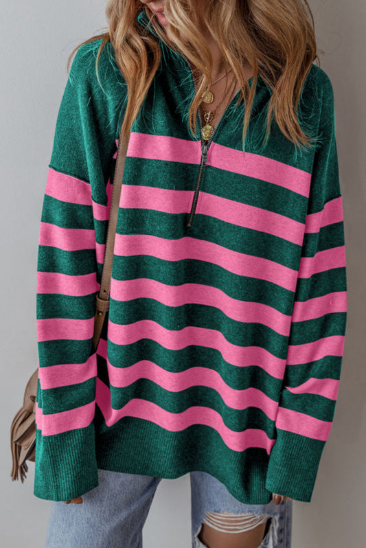 Stripe Collared Quarter Zipper Oversized Sweater