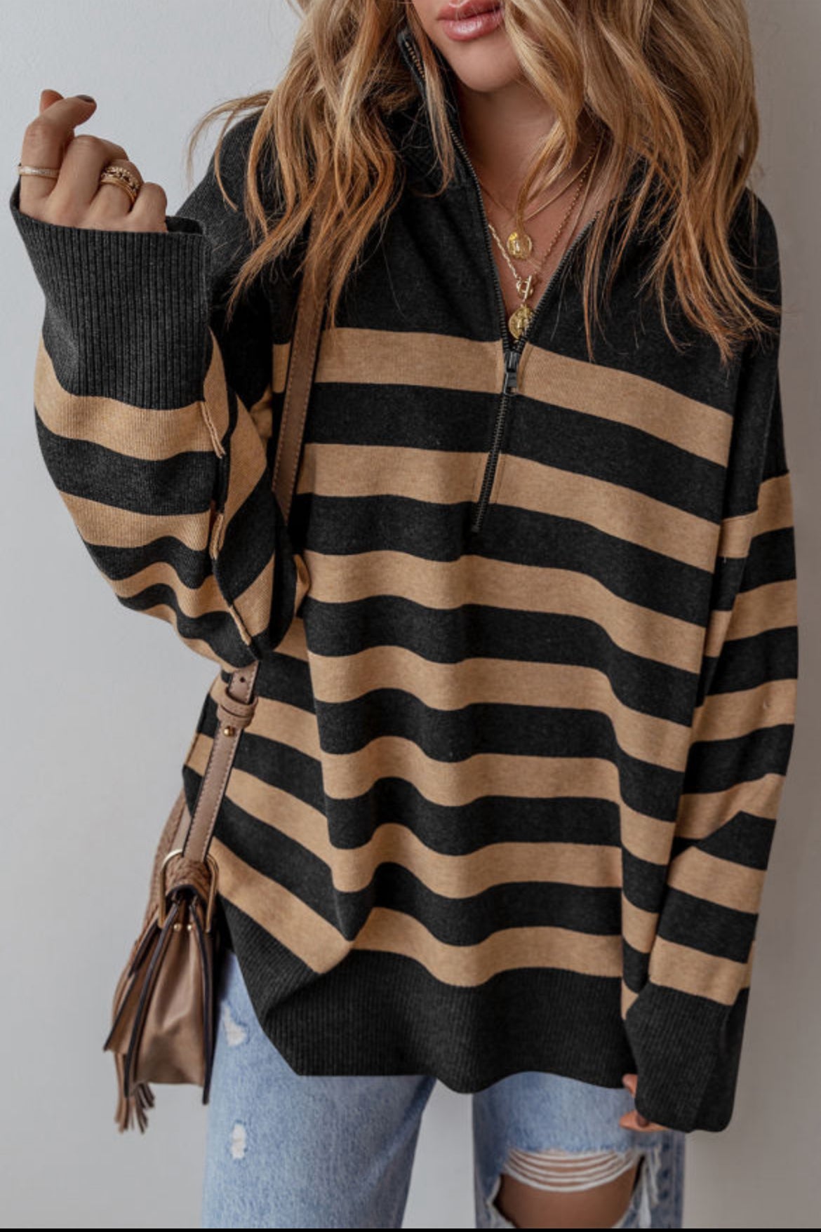 Stripe Collared Quarter Zipper Oversized Sweater