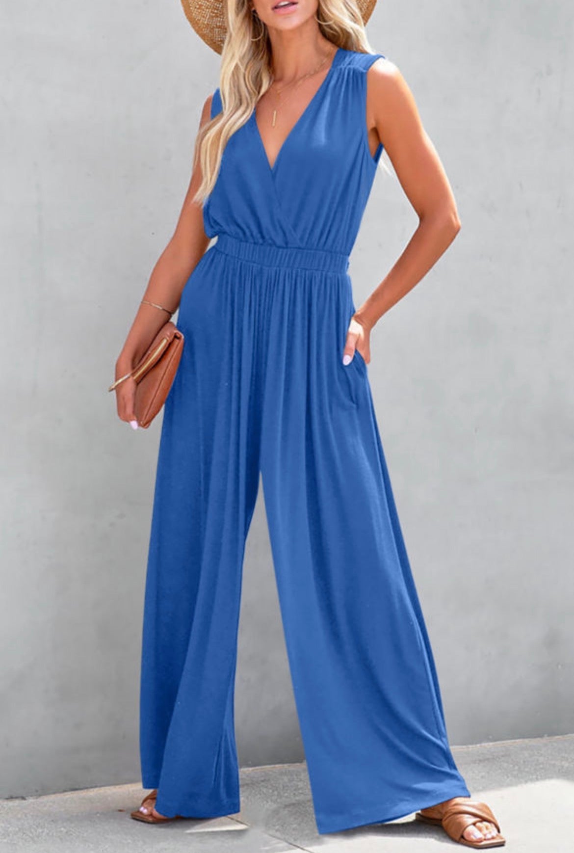 #880 V-Neck Pleated Crisscross Jumpsuit