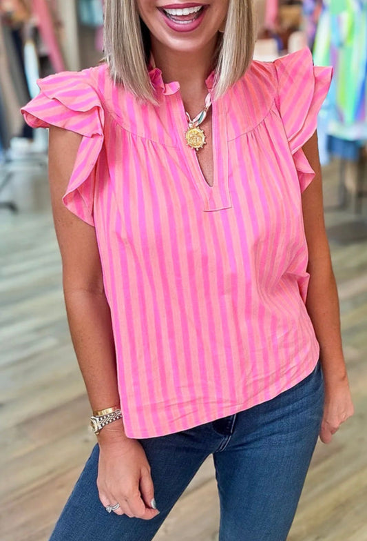 #893 Pink Stripe Ruffled Blouse