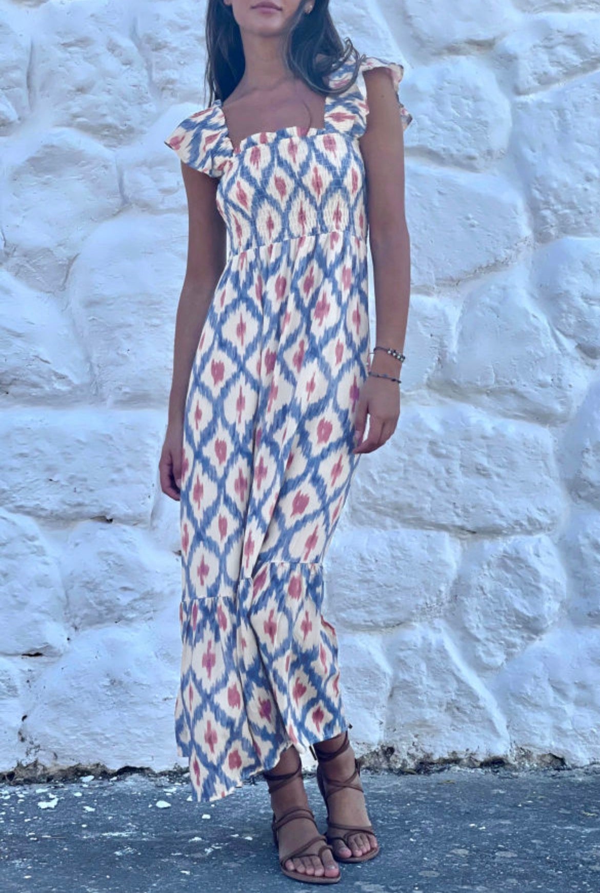 #898 Geometric Smocked High Waist Dress
