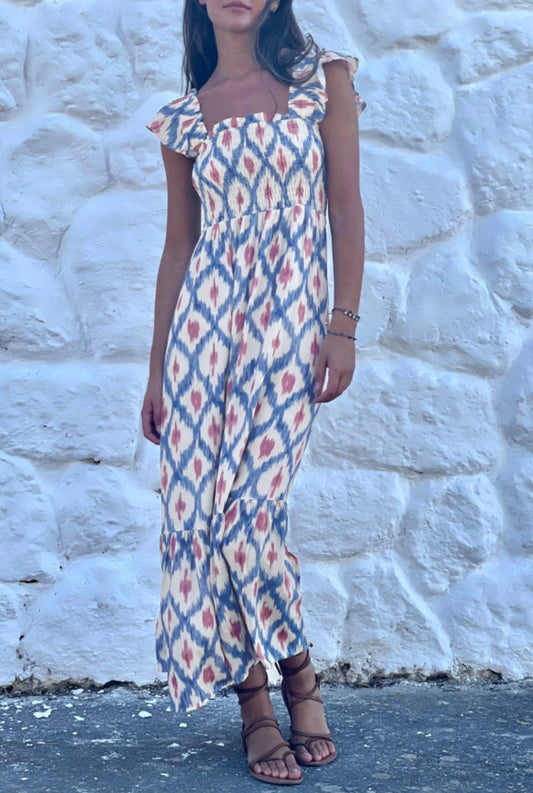#898 Geometric Smocked High Waist Dress