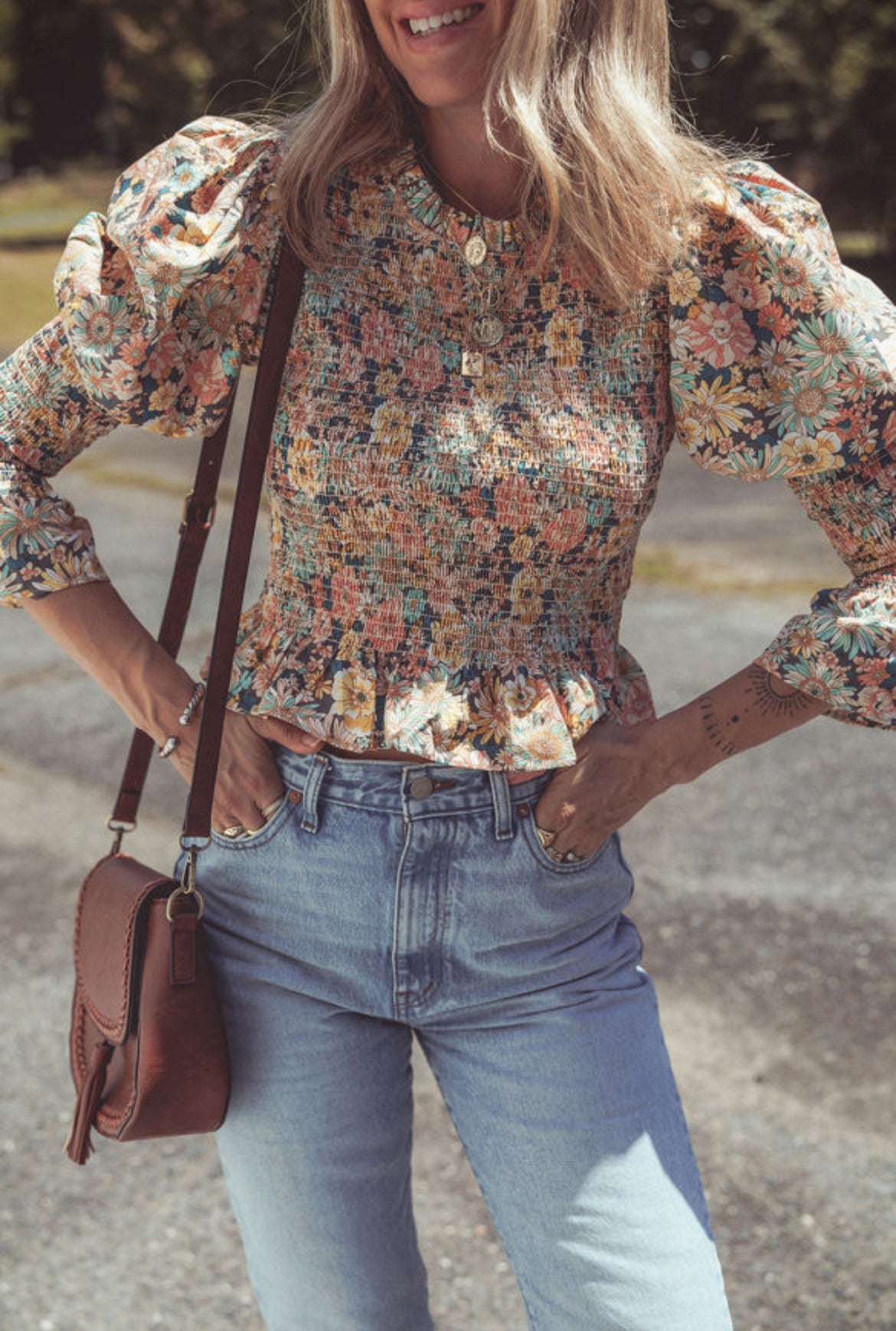 #214 Yellow Floral Print Smocked Bubble Sleeve Ruffled Crop Top