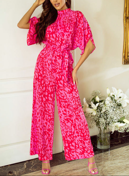 #230 Rose Leopard Loose Sleeve Belted Wide Leg Jumpsuit