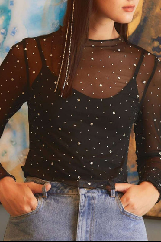 #231 Black Rhinestone Sheer Mesh Slim Fit Long Sleeve Top