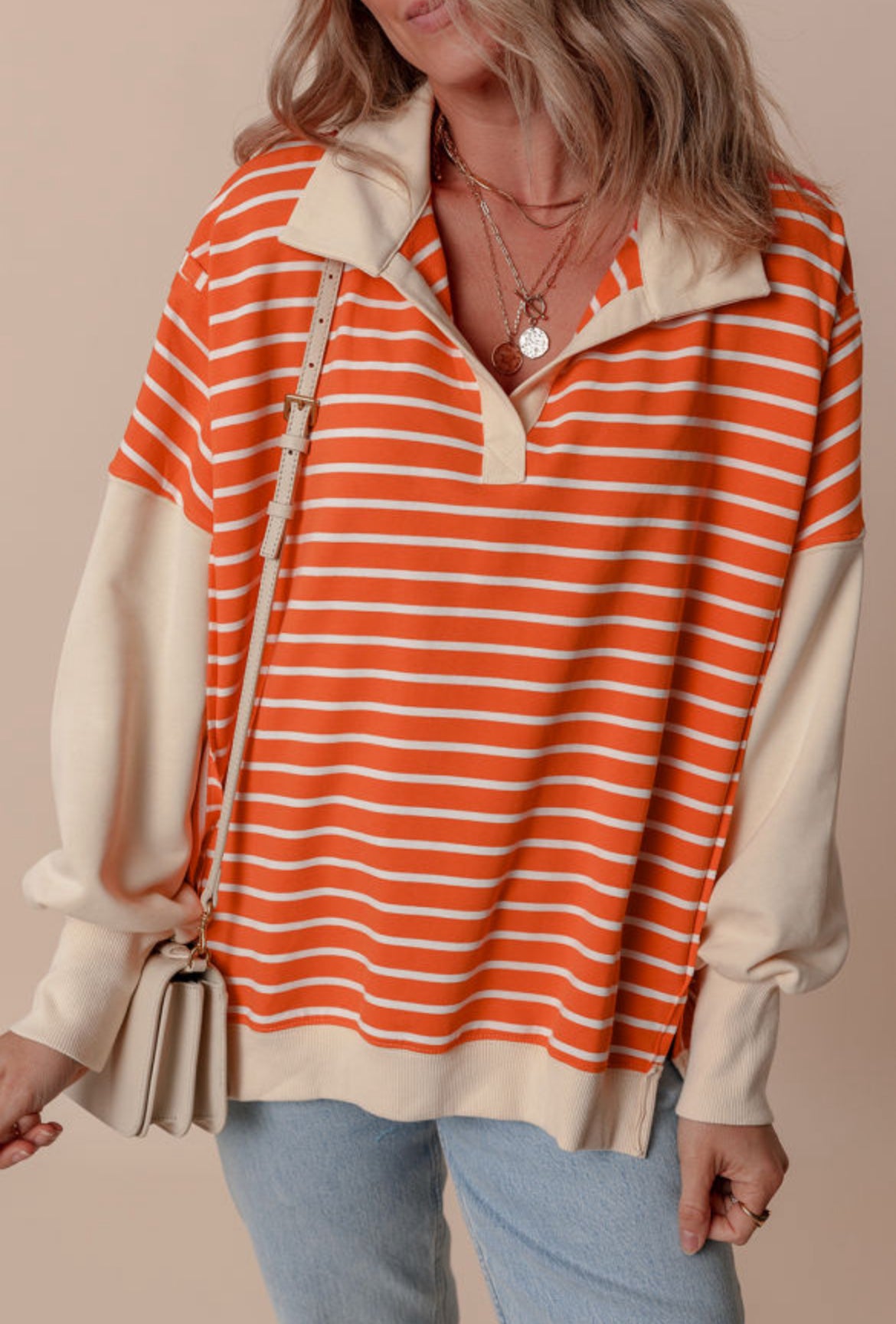 #232 Orange Stripe Color Block Loose Fit Collared Drop Shoulder Sweatshirt