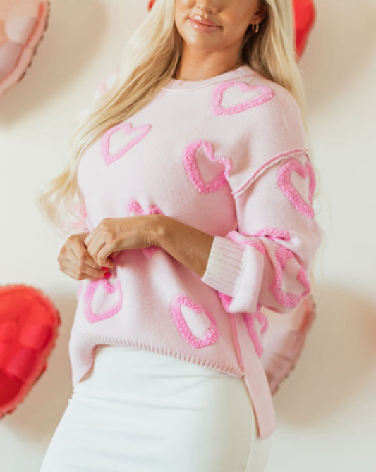 #236 Pink Heart Shape Bubble Sleeve Baggy Sweater