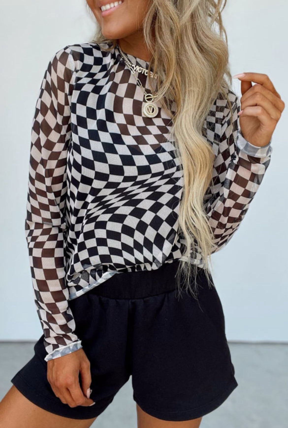 #238 Checkered Pattern Mesh Mock Neck Long Sleeve Top