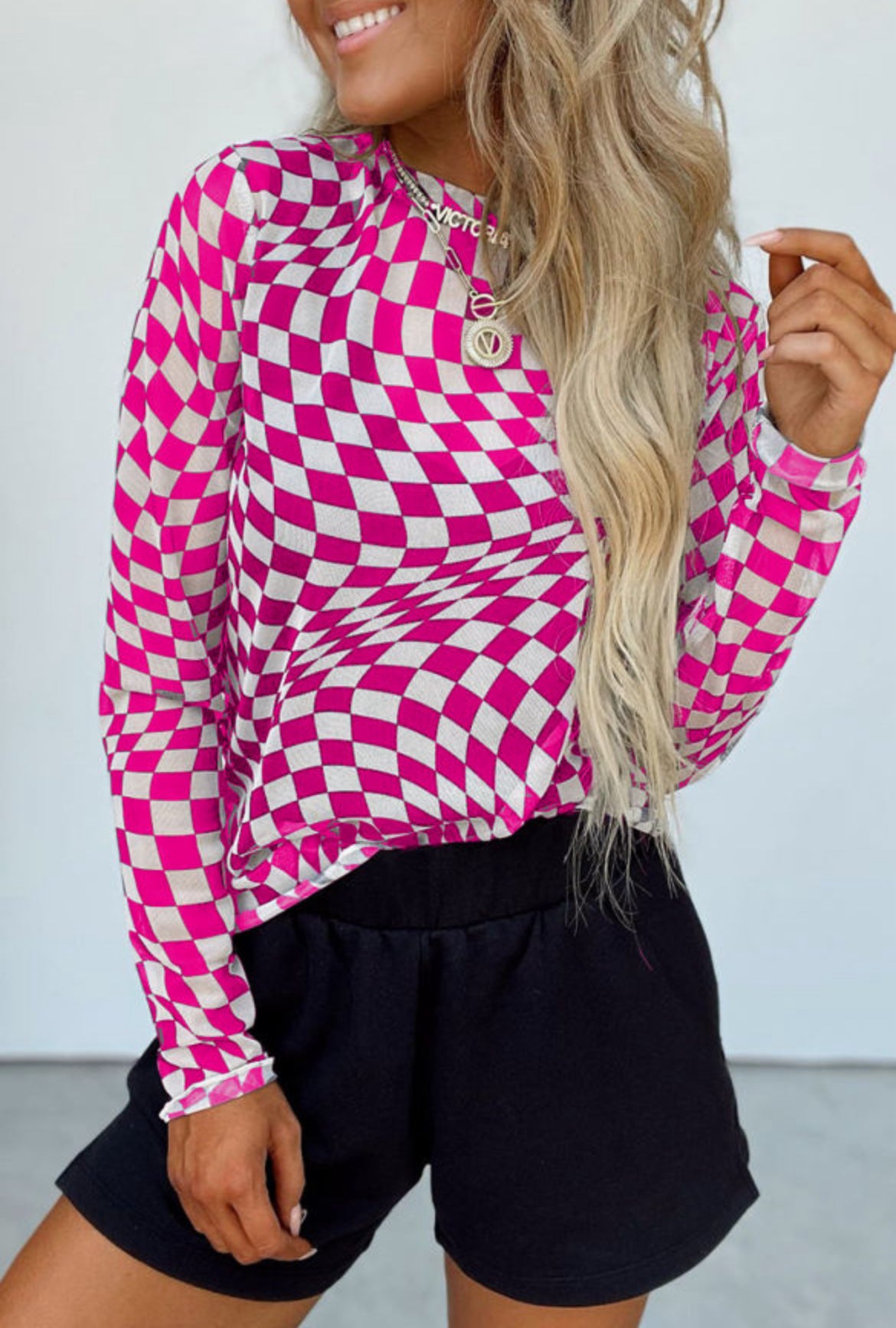 #238 Checkered Pattern Mesh Mock Neck Long Sleeve Top