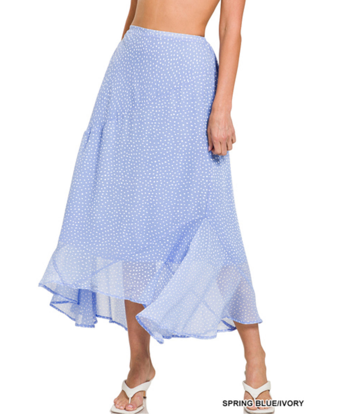 #218 Polka dot print hanky hem elastic waist maxi skirt