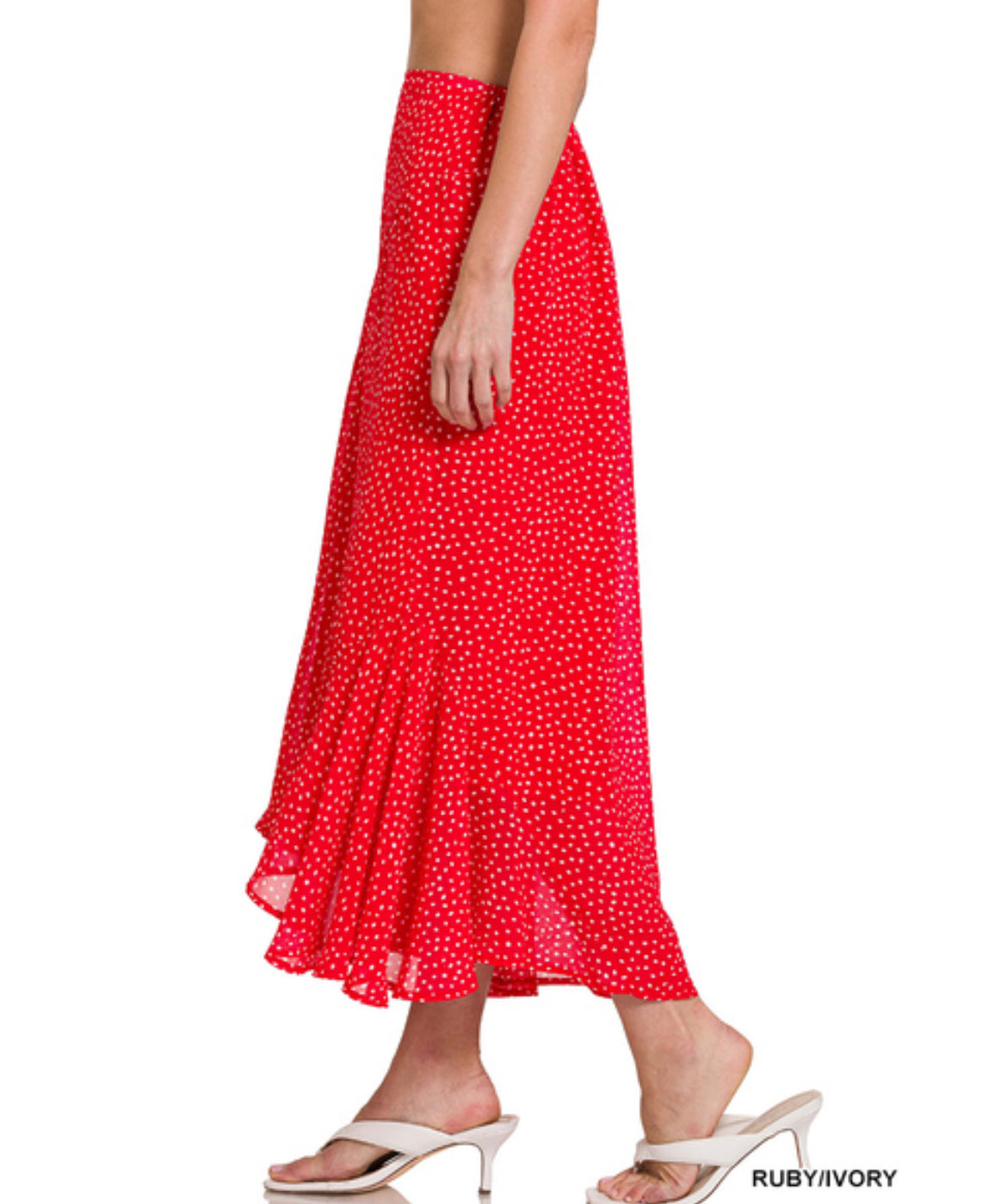 #218 Polka dot print hanky hem elastic waist maxi skirt