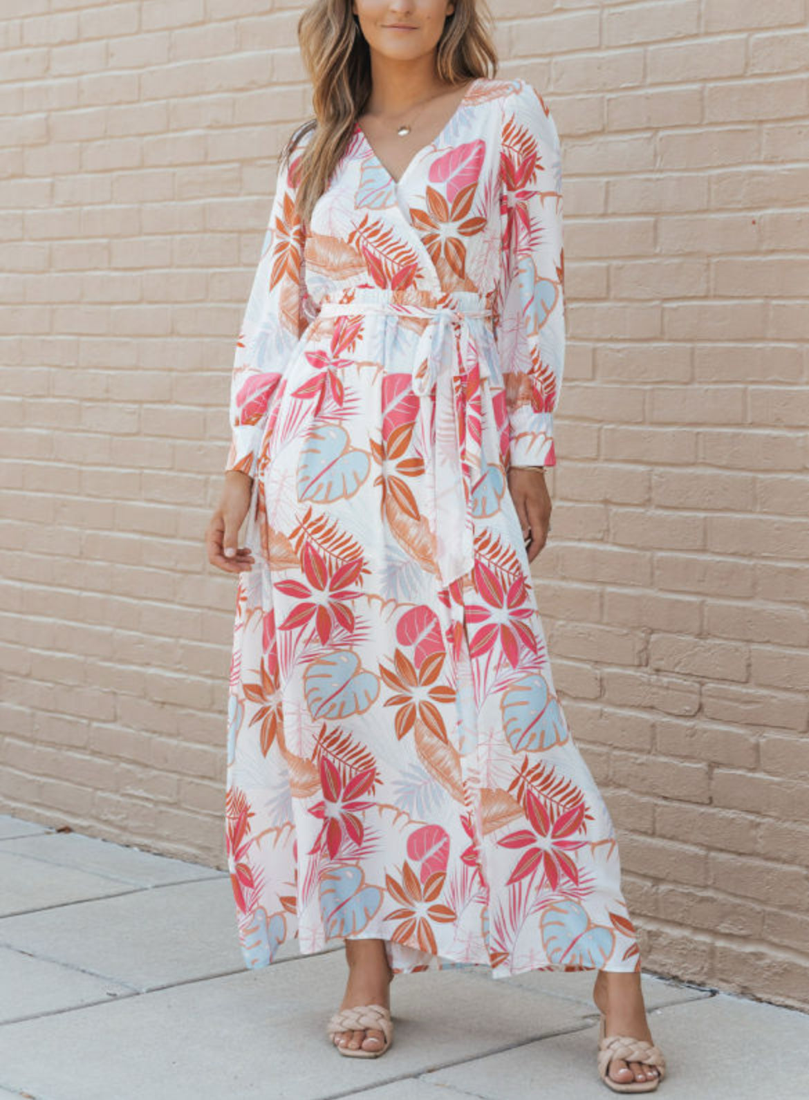 #254 Tropical Plant Print Long Sleeve Wrap V-Neck Slit Maxi Dress