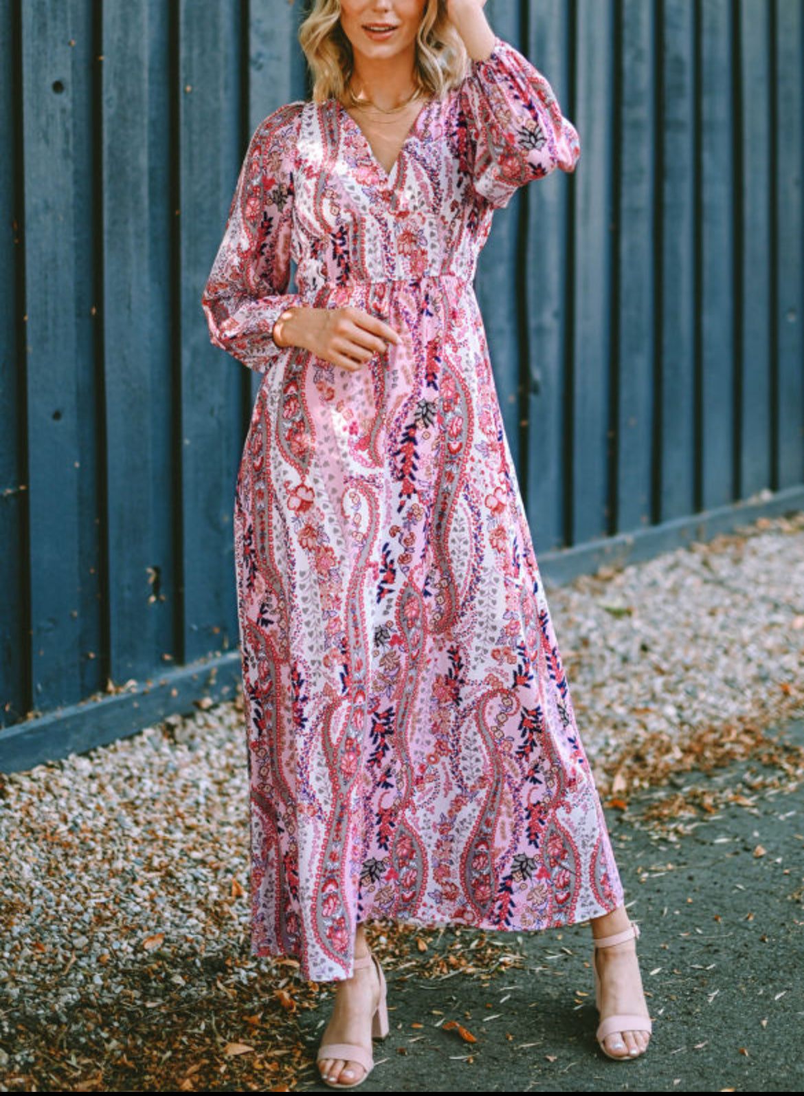 #257 Multicolour Boho Paisley Print V Neck Empire Waist Maxi Dress