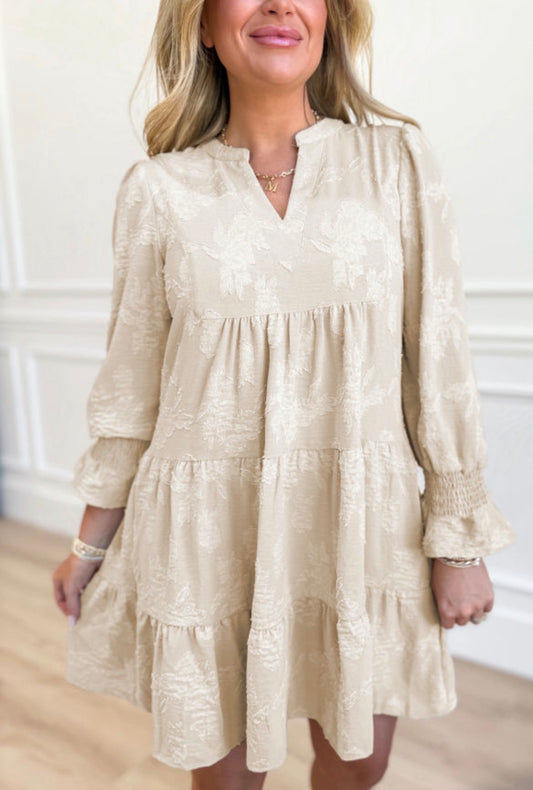 #926 Parchment Long Sleeve Notched Neck Mini Dress