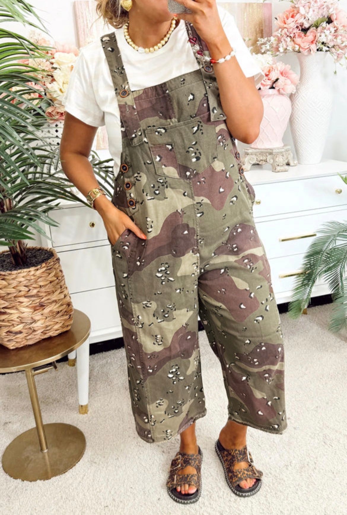 #942 Camouflage/Leopard Denim Cropped Overall