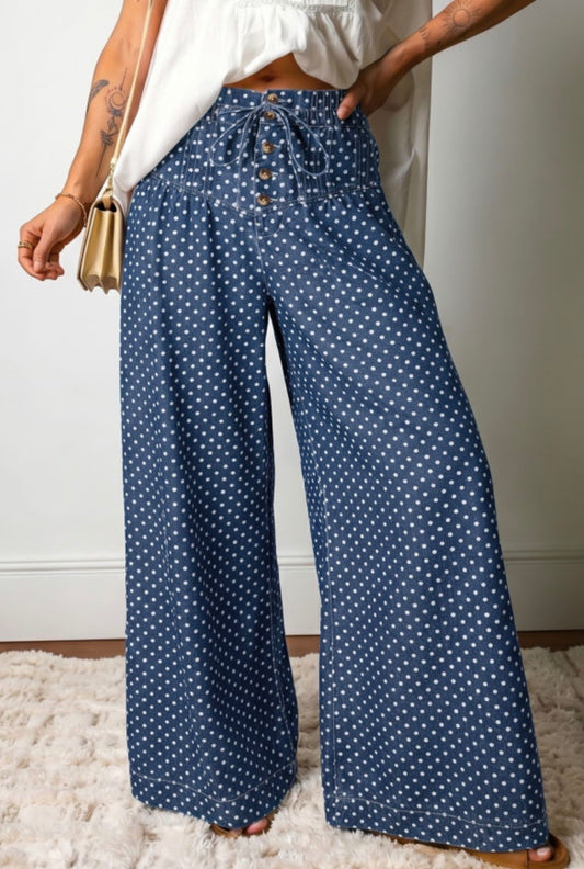 #938 Polka Dot Button Pleated Wide Leg Jeans