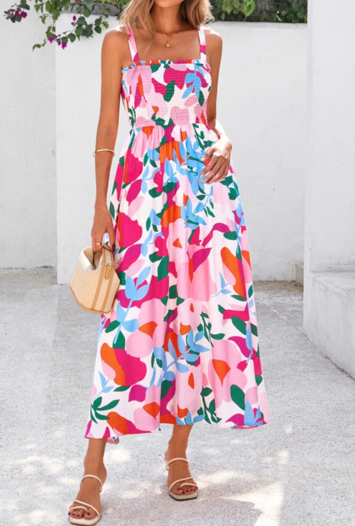 #922 Pink Floral Adjustable Straps Sundress