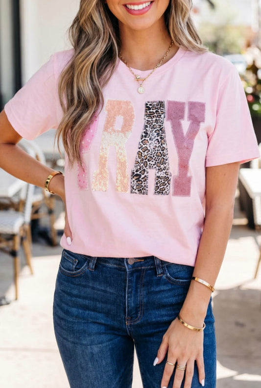 #934 Pink PRAY Sequin Leopard Multiple Patched Graphic Tee
