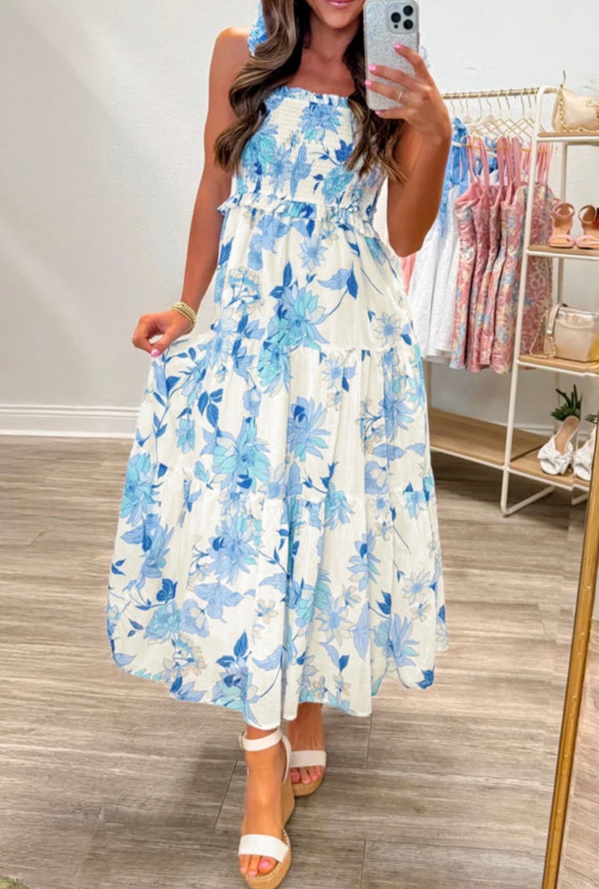 #940 Ruffled Straps Floral Maxi Dress